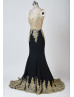 Mermaid Sheer Neckline Gold Lace Black Chiffon Beading Long Prom Dress